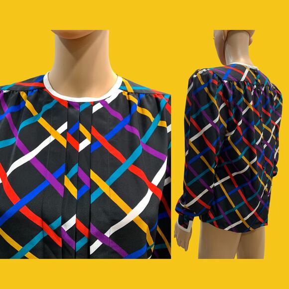 80s 90s Albert Nipon Colorful Grid Pattern Blouse | Pleat Front | XS - Picture 7 of 9